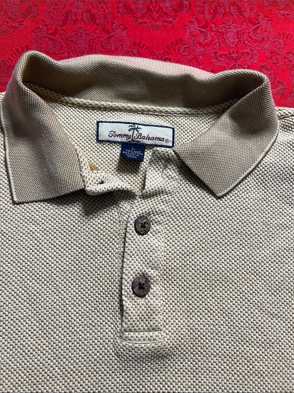 Tommy Bahama Silk Cotton Polo Shirt Men's Large Tan Gold Textured Knit Short Slv
